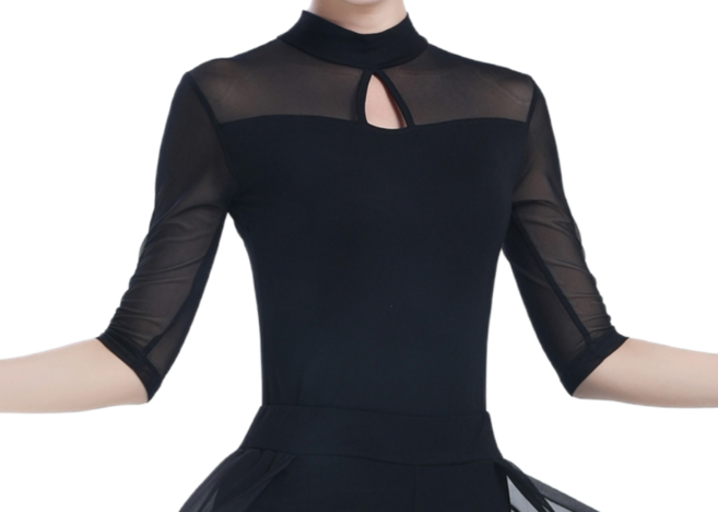 여성 라인댄스복 라틴댄스 줌바 연습복 상의 무용 망사 블랙 세트 폴댄스, 블랙 상의 (7부소매)