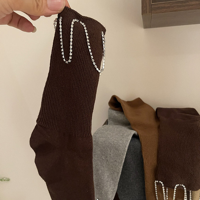 고급 여성용 골지 중목 양말 다이아몬드 체인 장식 양말 (수작업으로 꿰맨 다이아몬드 체인 공주 발레 스타일 양말)