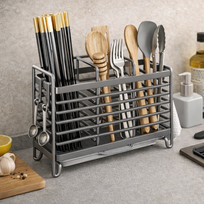 트리본엑스 부착식 거치식 분리수납 물빠짐건조 3구수저통, 1개, 그레이