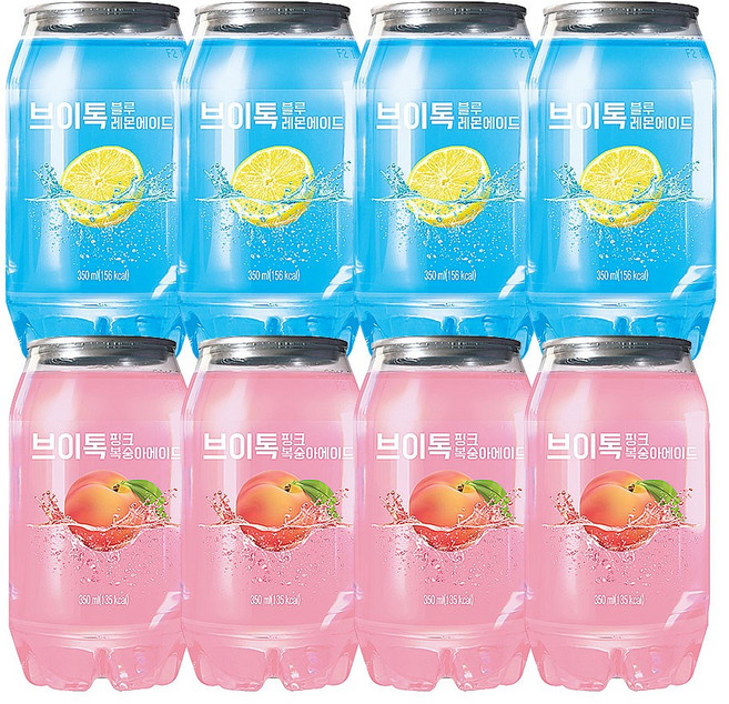 브이톡 2종 혼합 8개 (블루레몬에이드 4캔 + 핑크복숭아에이드 4캔), 350ml