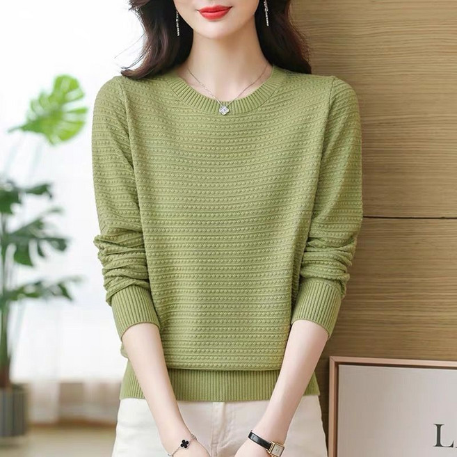 중장년 여성 긴팔 니트 빅사이즈 루즈핏 라운드 니트티 긴팔 티셔츠 봄 가을 중년 여자 긴소매 상의 CJJ