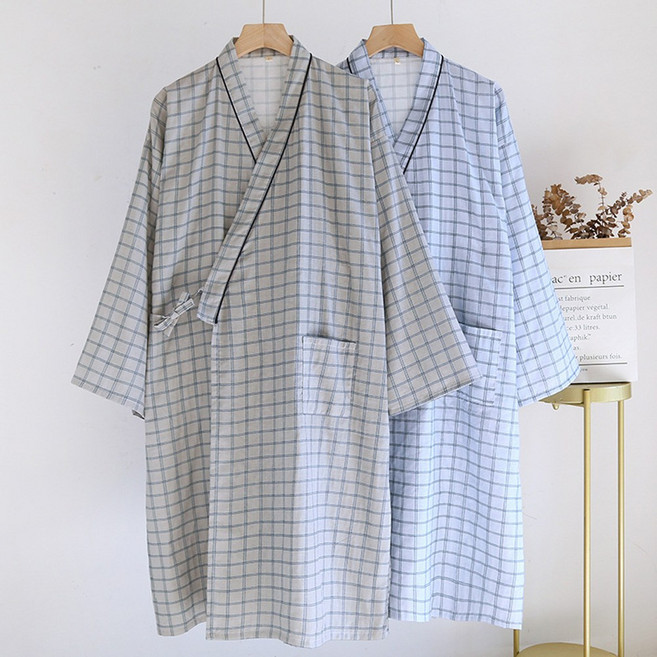 로리돌스 남성 순면 유카타 잠옷. 체크 로브 나이트 가운 홈웨어 파자마세트