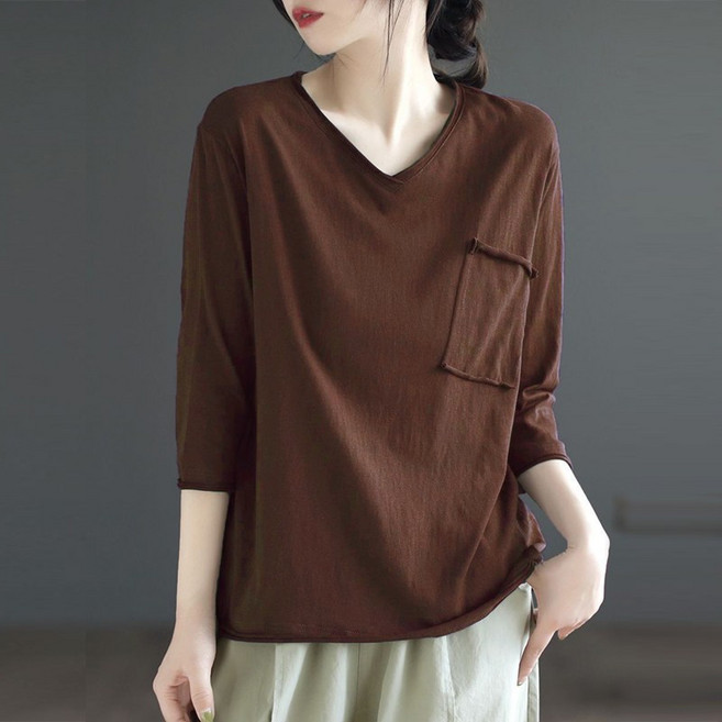 여성 봄 가을 브이넥 루즈핏 기본 예쁜 데일리 티셔츠 원포켓 주머니 간절기 (DB-5054)