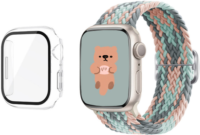 아이비온 애플워치 솔로 루프 니트 스트랩 + 투명 풀커버 케이스, 포레스트