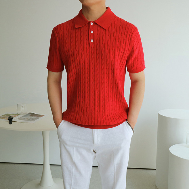 [맨즈북] 보풀방지 워셔블 남자 꽈배기 카라니트 반팔 여름 직장인 출근옷