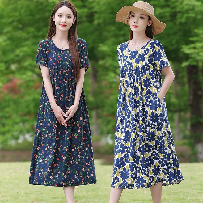 [시원한 인견] 중년 여성 빅사이즈 홈드레스 반팔 원피스 잠옷 엄마 루즈핏 롱원피스