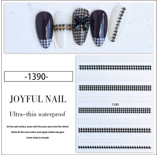 [고네일] 하운드 투스 체크 네일스티커 1390 블랙 화이트 체크스티커 블랙체크네일, 1개