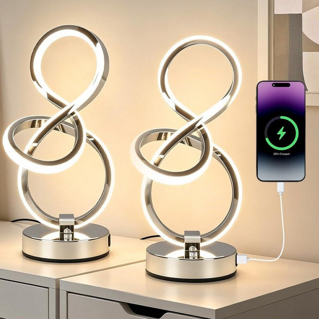 EIDEARAY Modern Table Lamp LED Bedside lamp with USB C+A Ports Touch Stepless Dimmable Nightstan, Silver 2 Pack