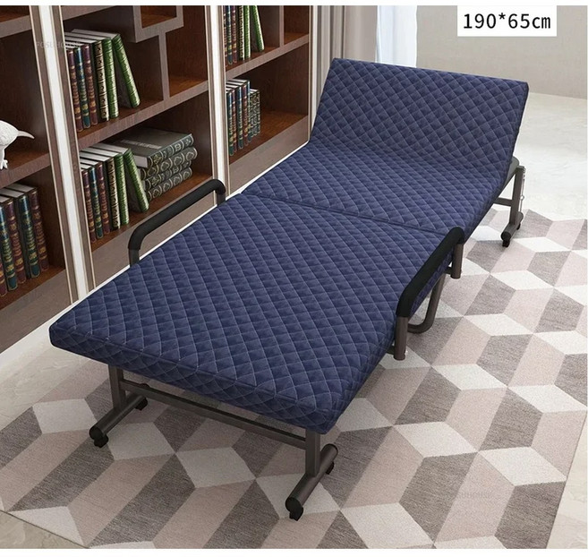 북유럽 스타일 금속 침대 공부방용 두꺼운 패드 팔걸이 바퀴 간단하고 접이식 발코니용, blue 65cm