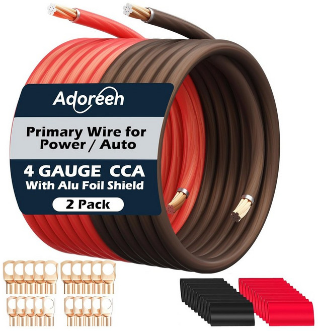 4 게이지 AWG 전원/접지선 케이블 15피트 블랙+15피트 레드 고출력 차폐 CCA 소프트 자동차 용접 배터리 배선 키트 오디오 앰프 스피커 RV 트레일러 마린 솔라+ 러그, 10FT