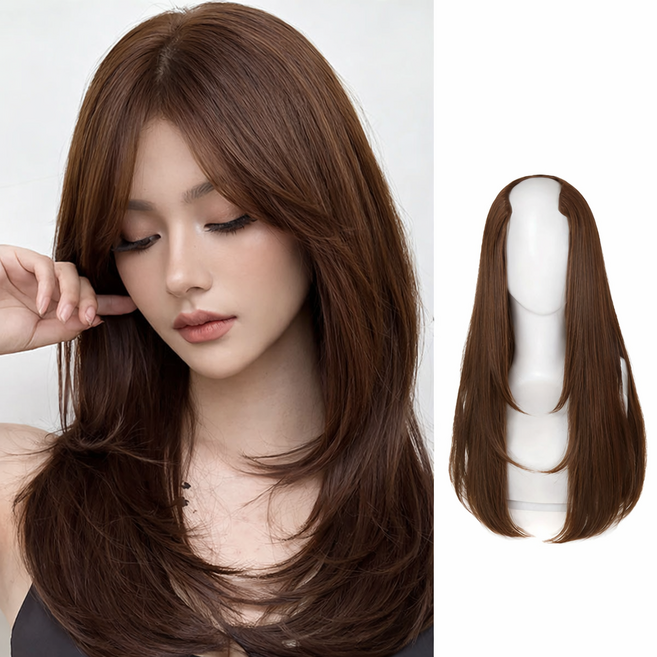 아이루리 페이스 라인 커버 레이어드 가발 피스 볼륨 내추럴 긴머리 여성 부분가발 헤어피스, 1개, 라이트브라운