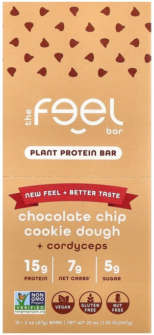 The Feel Bar 플랜트 프로틴바 초콜릿 칩 쿠키 도우 + 동충하초 10개입 개당 57g(2oz) Bar (더 필 바), 57g - 쿠팡