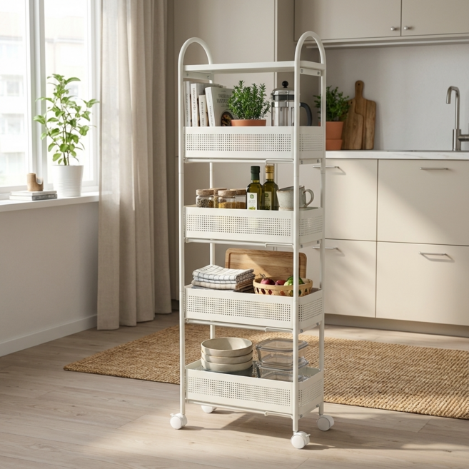 르엘 슬림 이동식 선반 틈새 트롤리, 5단, 아이보리