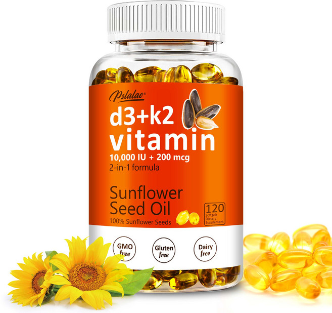 비타민 D3 + K2 10000IU - 2-in-1 포뮬러 해바라기씨 오일 함유 뼈 건강, 1개, 60정