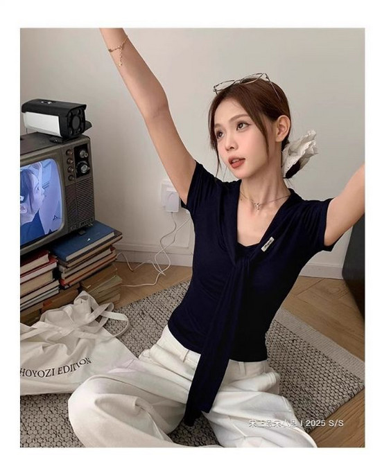 韓版短款海軍領上衣女時尚小眾設計收腰顯瘦外搭披肩短袖