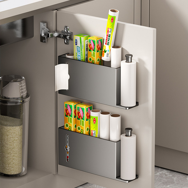 US 다용도 싱크대수납 주방수납 키친타올걸이 비닐정리 비닐수납함 문짝틈새 주방정리템, 1개, 실버