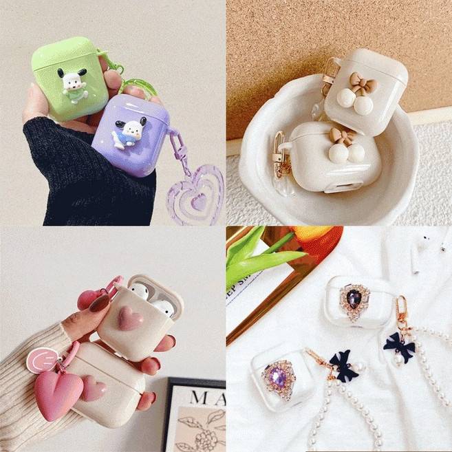 애플망고in피지 에어팟케이스 에어팟1세대 에어팟2세대 에어팟프로 쥬얼리 하드 키링 입체, 04. 더블 하트 스마일 키링(진핑크), 1세대-2세대 공용