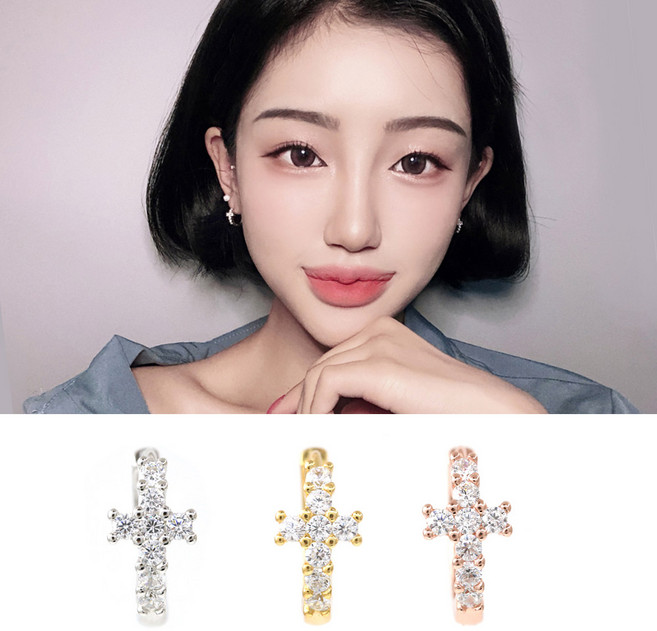 걸핀스 한쌍[925 silver 3컬러] 십자 모던 큐빅 18K 원터치 링 은귀걸이 sp008 데일리귀걸이