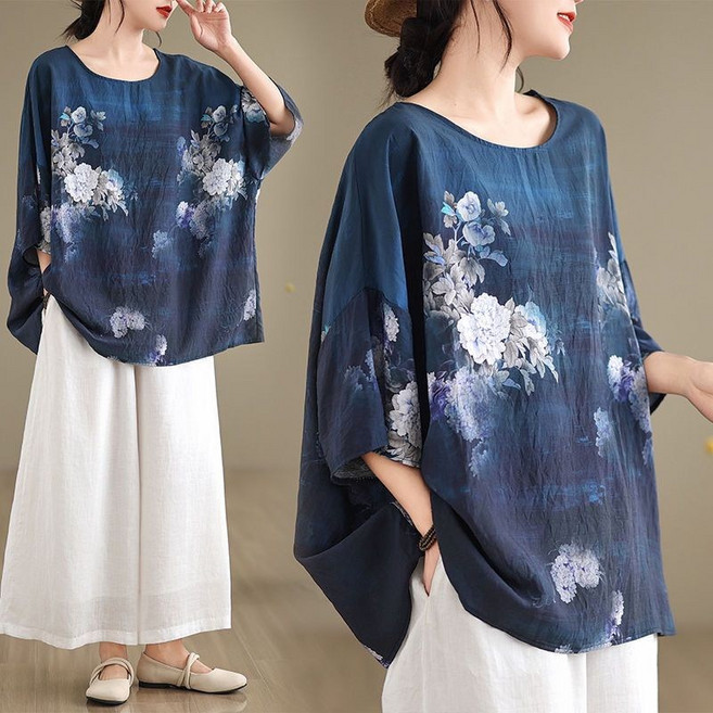 여성 여름 루즈핏 면마 린넨 플라워 반팔 티셔츠 데일리 블라우스 상의