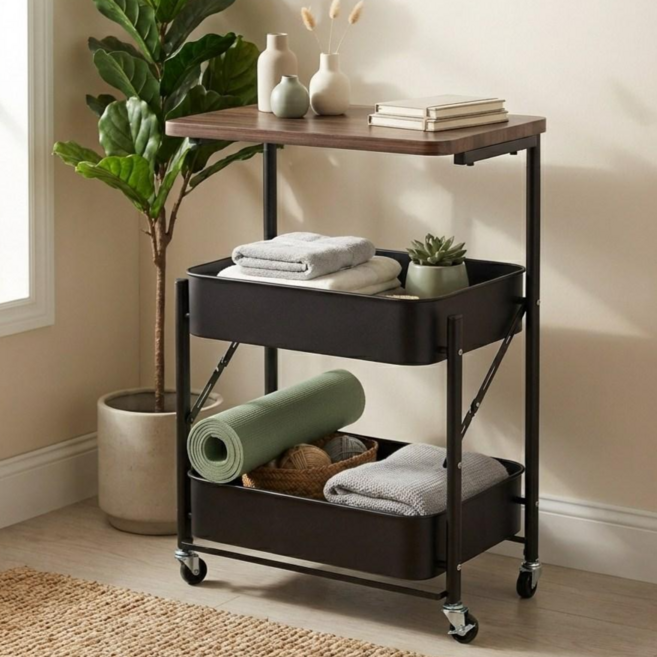 데이킨 우드탑 접이식 반조립 이동식 트롤리 소파 침대옆 테이블, 2단, 블랙