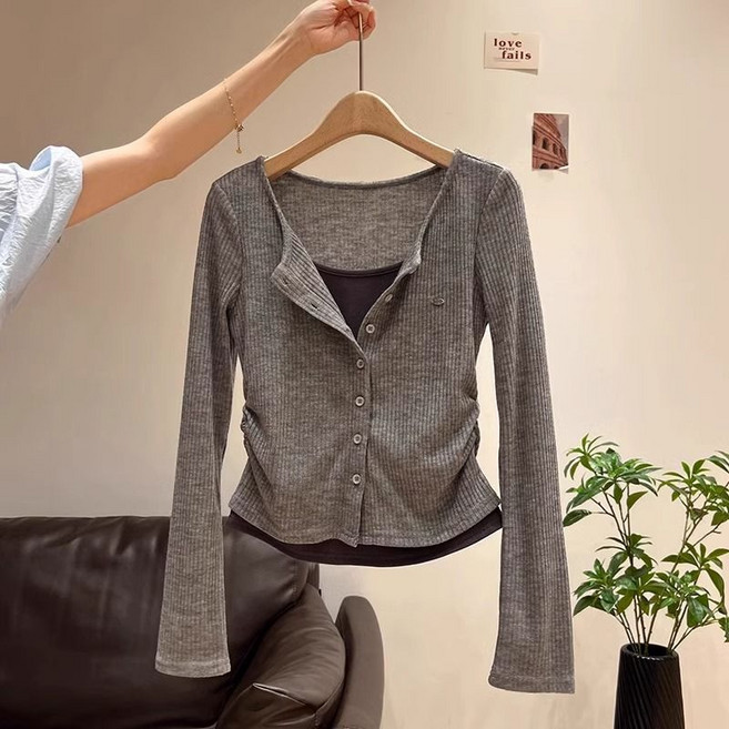 쁘띠꼬모 여성 골지 버튼 레이어드 슬림핏 가디건 티셔츠 베이직 데일리 GX5101944
