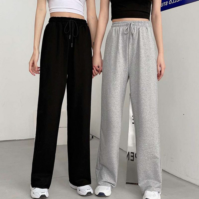 LEOQ 여성 키작녀 키큰녀 하이웨스트 츄리닝 와이드 일자 트레이닝바지