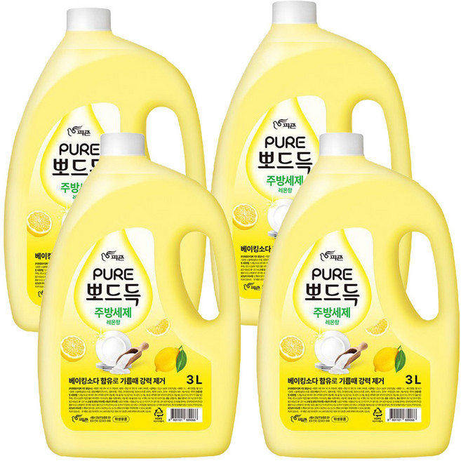 피죤퓨어 뽀드득 주방세제 레몬향, 3L, 4개