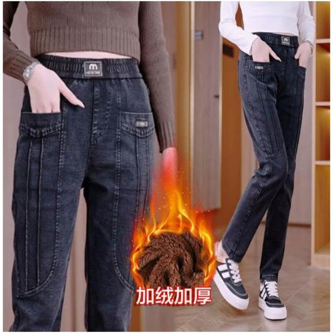 秋冬休閒修身直筒刷毛牛仔褲女款 彈性耐磨長褲