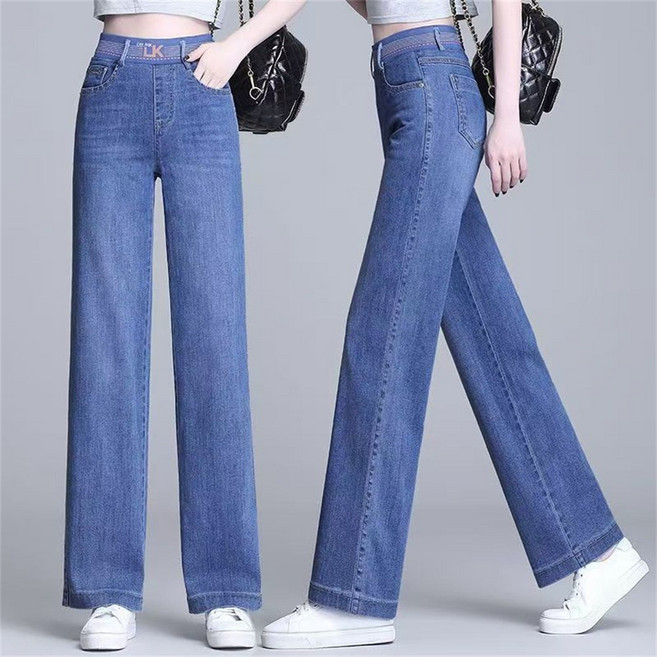 TKX 여성용 하이웨스트 와이드 레그 데님 팬츠 캐주얼 통바지 중년여성 부드러운 소재