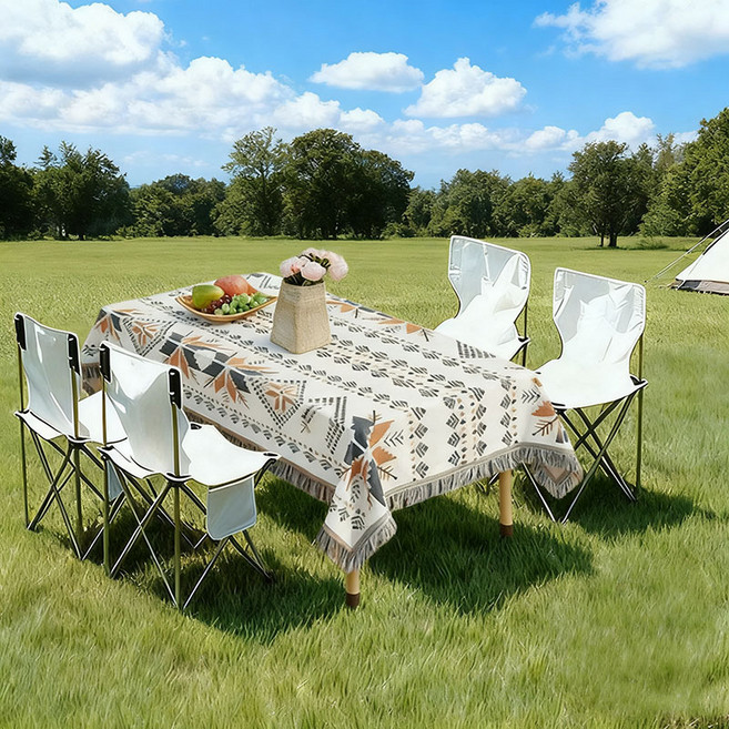 [대욱] 감성 캠핑 대형 접이식 의자 세트 테이블+의자+테이블보, 노란색 테이블 + 흰색 의자 + 고급 테이블보