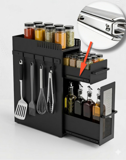 가구공작소 슬라이딩 틈새 주방 정리함 다용도 철제 영양제보관함, 1개, 블랙
