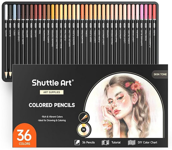 Shuttle Art 색연필 36색세트 갈색 스킨톤 컬러펜 피부색 초상가동화 어른의 색칠 공부 일러스트 디자인 스케치 낙서 케이스 포함 어린이 초보자 유치원 입학 입학 축하 선물