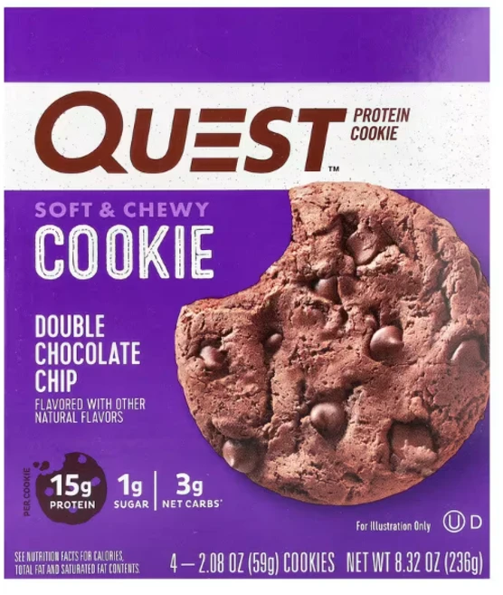 퀘스트뉴트리션 프로틴 쿠키 Double 초코칩 4팩 2.08 oz (59g) 각, 4개, 59g - 쿠팡