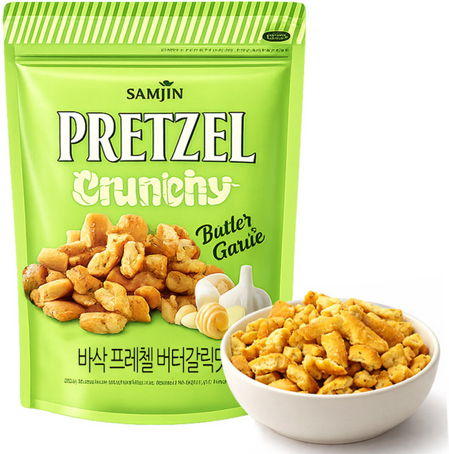 바삭 크런치 프레즐 스낵 버터풍미 갈릭시즈닝 대용량 간식 사무실 탕비실 맥주안주 프레첼 650, 650g, 1개
