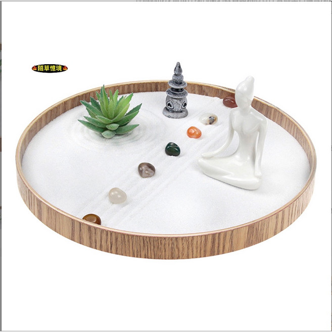 隨草憶境 迷你日式圓形沙盤套裝 禪風枯山水 禪意靜坐冥想 佛系園林景觀 風水微景觀模型, 1個, 全套組（如圖）