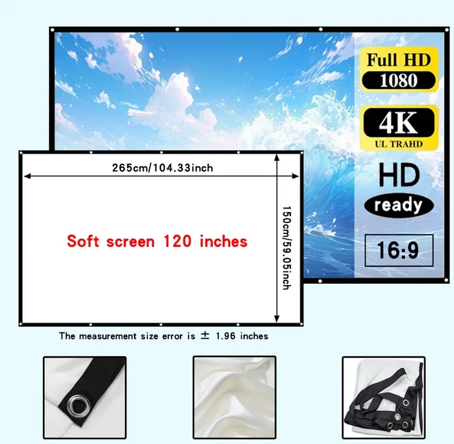 60-150인치 흰색 소프트 스크린 세탁 및 다림질 가능 설치가 용이함 드릴링 필요 없음 후크 포함, 04 120 인치