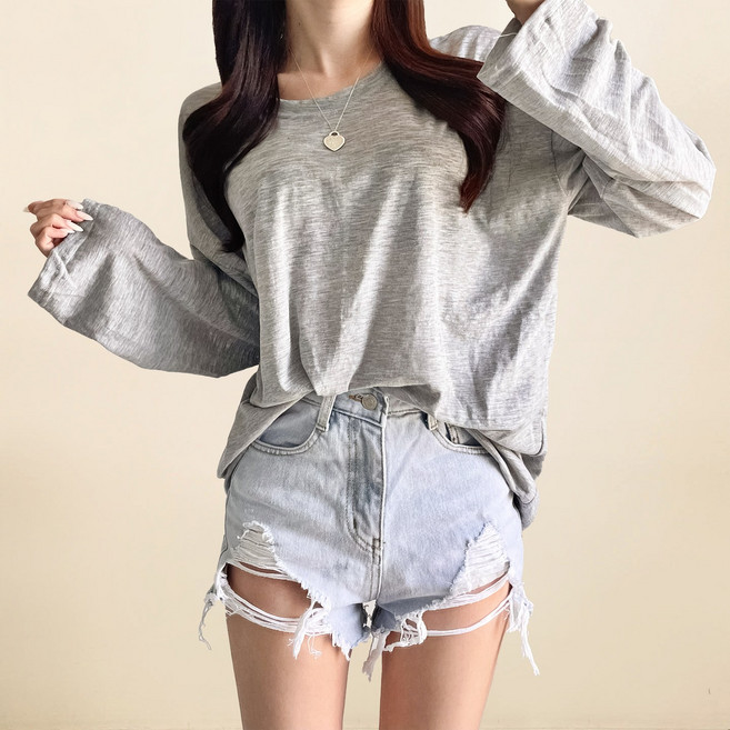 스트릿제이 캐주얼 시스루 긴팔티 티셔츠 라운드넥 오버핏