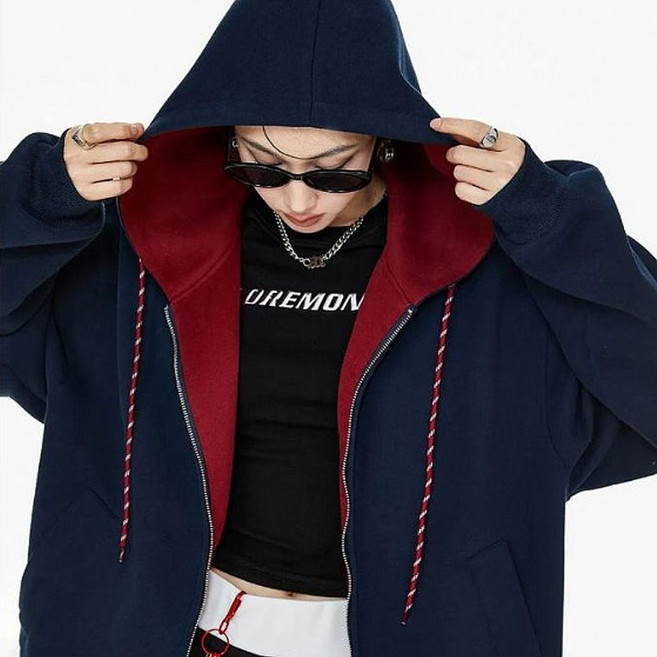 간절기 여성 루즈핏 배색 후드 집업 잠바