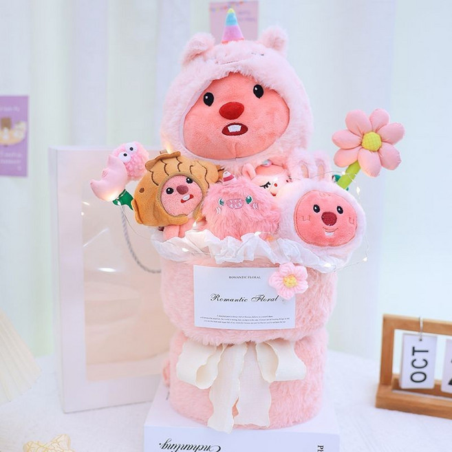 毛絨卡通玩偶花束 可愛小海狸娃娃公仔 生日禮物, loopy獨角獸手提袋, 1個