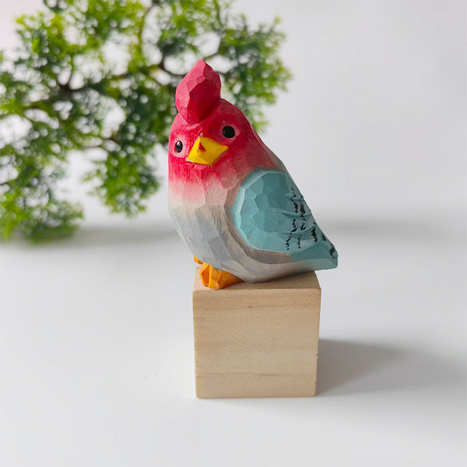 手工實木雕刻鸚鵡擺件, 紅櫻嬌鳳鳥 無木方