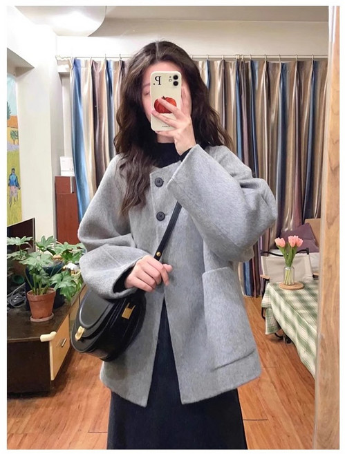 ANYOU 여성 햅번 그레이 모직 코트 작은 키에 날씬해 보이는 도톰한 모직 코트