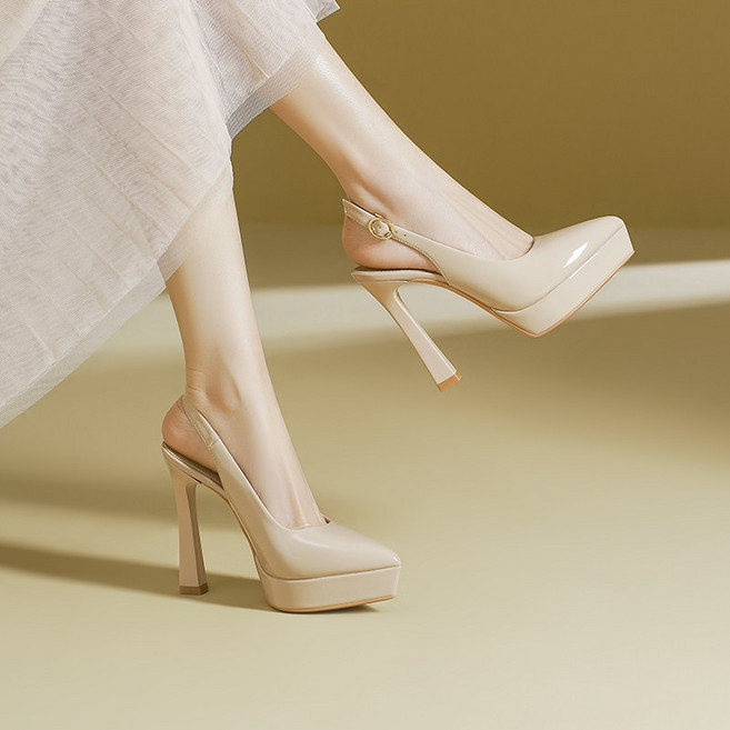 세프티 10 12cm 에나멜 통굽 가보시 슬링백 하이힐 3color