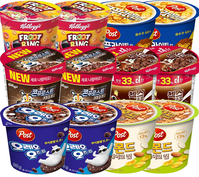 컵시리얼 12개입 (후르트링 2개+콘푸로스트 다크초코 2개+첵스초코 2개+콘푸라이트 2개+아몬드 후레이크 2개+오레오 2개), 180g, 1개