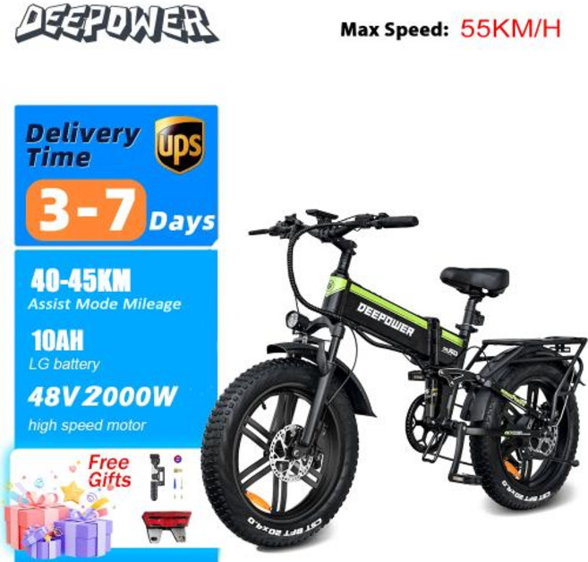 DEEPOWER H20PRO 전기 자전거 2000W 48V 25AH 유압 브레이크 휴대용 성인 전기 산악 자전거 20 지방 타이어 접이식 Ebike, Hydraulic brake, 7 SPEED, H20PRO 2000W10AH