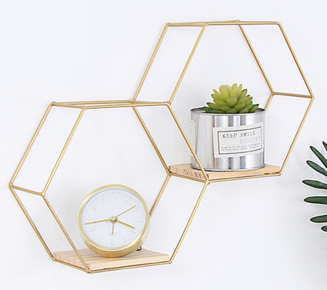쏘리브 육각형 철제 벽걸이 선반 인테리어, 2단, 골드