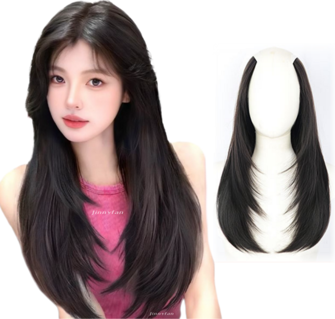 지니판 레이어드컷 c컬 볼륨 일체형 긴머리 붙임머리 55cm, 1개, 내츄럴블랙