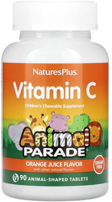 NaturesPlus Animal Parade 어린이용 츄어블 비타민C 보충제 오렌지 주스 맛 설탕 무함유 동물 모양 90정, 1개, 1.5L - 쿠팡