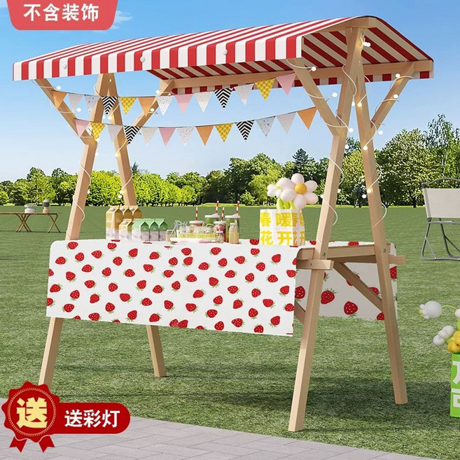 매대 부스 이동식 진열대 철제 플리마켓 진열 꽃마차, 1개, AI. 레드 화이트 천막 + 딸기 테이블보