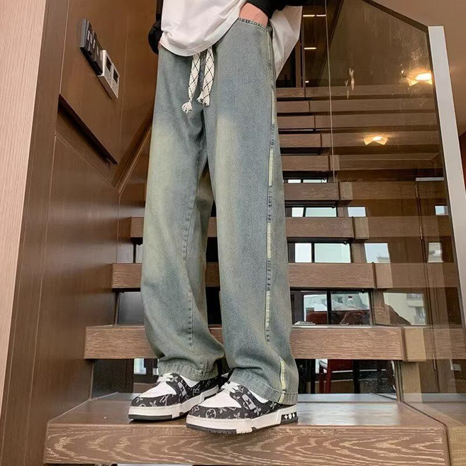 MAKABORO 남성 봄가을 청바지 일자 캐주얼 허리 스트링 와이드 데님 팬츠