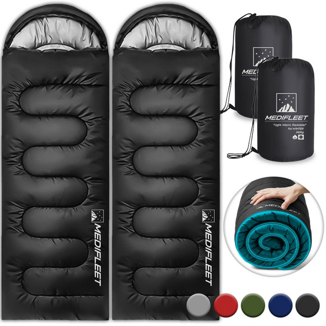 메디플릿 겨울용 머미형 야외 캠핑 침낭 + 수납가방, 2개, 스모키 블랙 (2400g)
